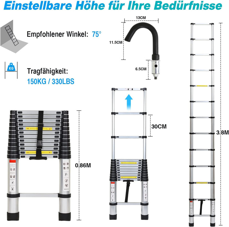 Joparri Aluminium Teleskopleiter mit Abnehmbarem Haken, 3.8M Ausziehbare Leiter, Rutschfester Alulei