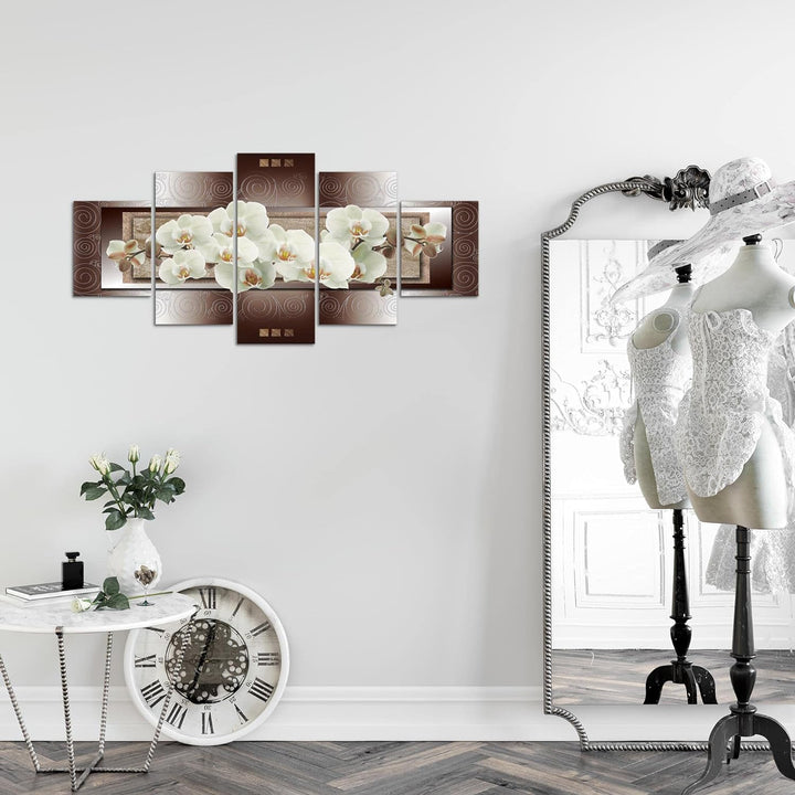 Runa Art Wandbilder Blumen Orchidee 5 Teilig Bild auf Vlies Leinwand Deko Wohnzimmer Abstrakt Beige