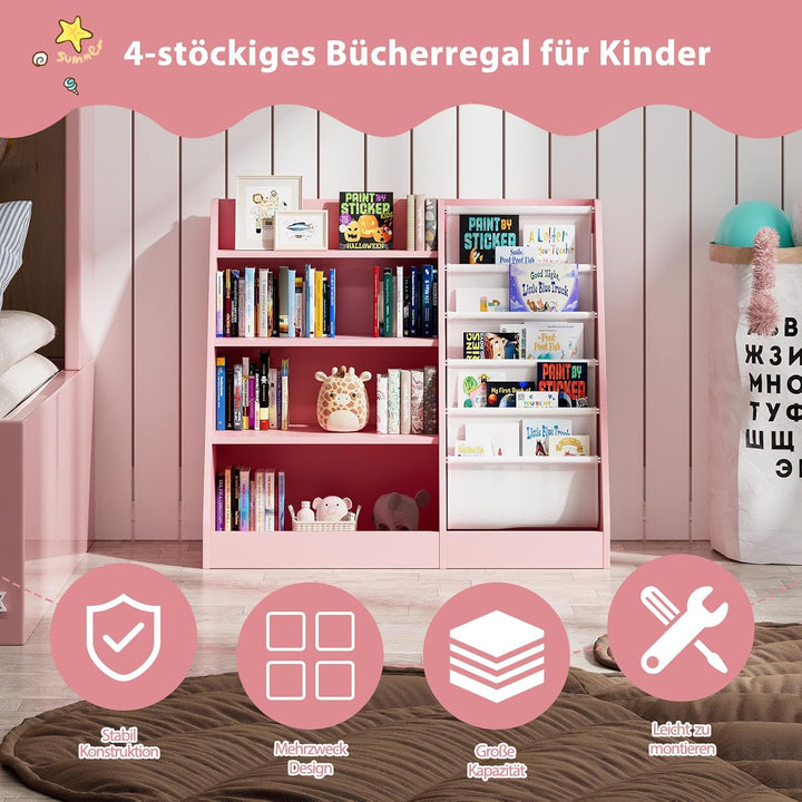 KEEPREAPER Kinderregal Bücherregal für Kinder 90x40x80cm, mit 5 Ablage und 4 offenen Fächern, Holz,