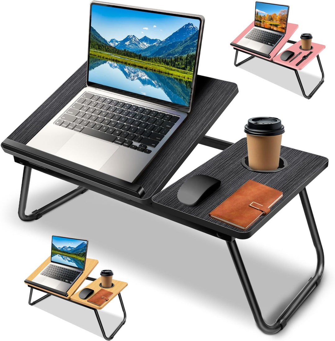 Laptop Bed Table with Foldable Legs &amp; Cup Slot,5-Level Height and Angle Adjustable Holder Notebook S