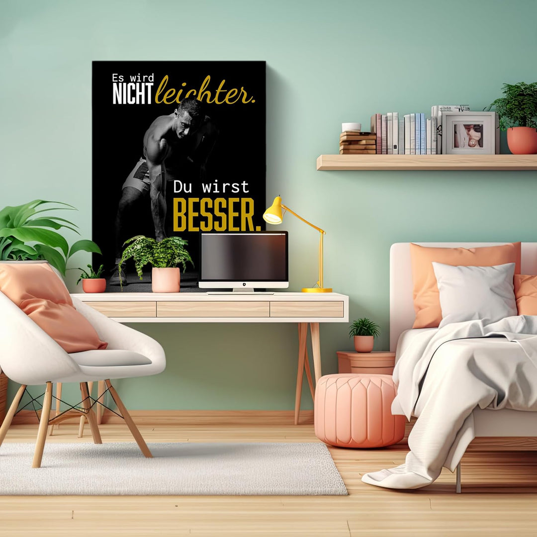 wandmotiv24 Motivations Motiv als Leinwandbild, 100x75cm, Hochformat, Motivation, Besser, Hantel, Fi