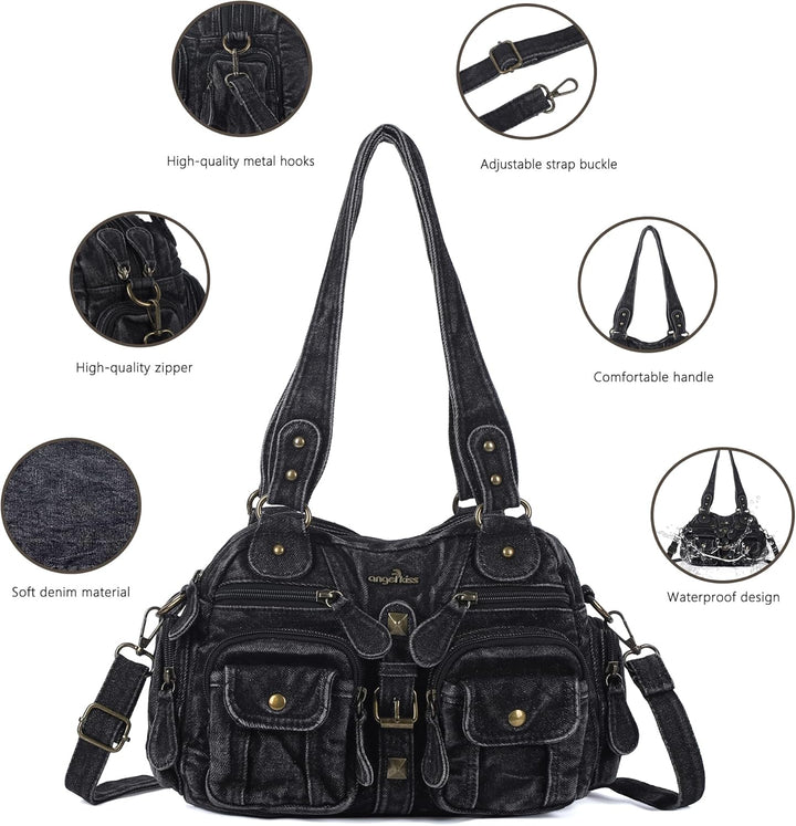 Angel Kiss Damen Handtasche 2 Hauptfächer Multifunktionale Handtasche Weich PU Leder Tasche mit Reis