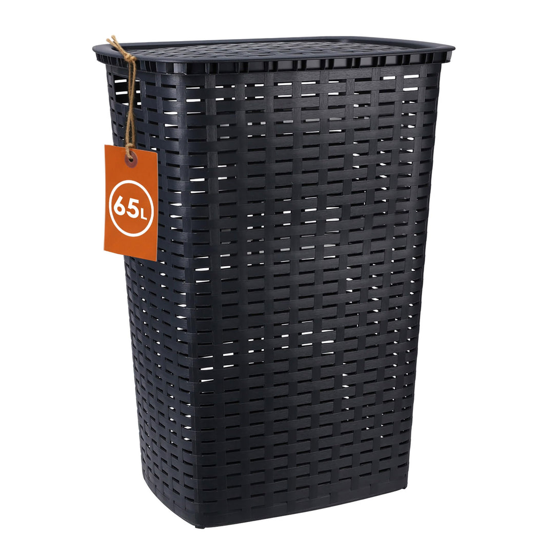 Kunststoff Wäschekorb anthrazit mit Deckel in Rattan Optik - 65 Liter - Wäschesammler in Flechtoptik