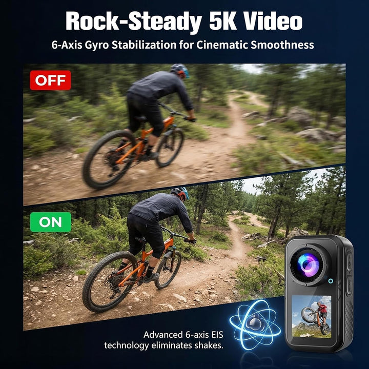Action Cam 5K, Mini Sportkamera WiFi mit 64G, Tragbare Action Kamera Mit Doppelseitigen Displays Vor
