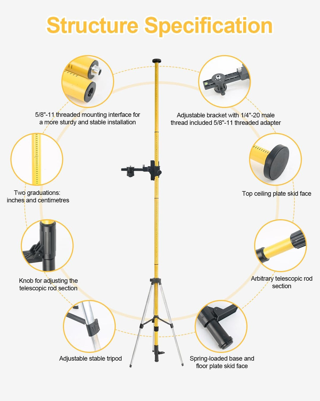Teleskopstange für Kreuzlinienlaser 3.7m, Teleskopstange Laser mit Stativ und Laser-Halterung 1/4" x