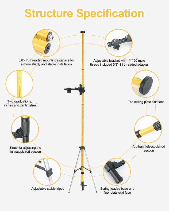 Teleskopstange für Kreuzlinienlaser 3.7m, Teleskopstange Laser mit Stativ und Laser-Halterung 1/4" x