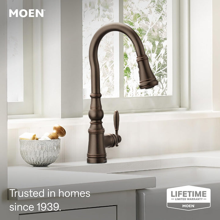 Moen S73004ORB Weymouth Schäferhaken Pulldown Küchenarmatur mit Metallstab mit Power Boost, ölgerieb