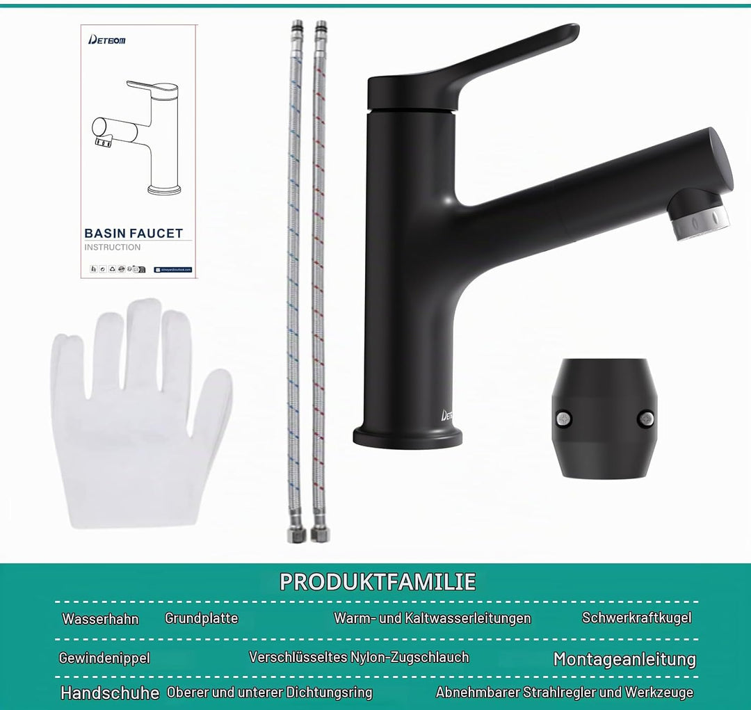 DETBOM Wasserhahn Bad mit Ausziehbar Brause, Armatur Badezimmer mit 2 Strahlarten, Einhebelmischer W