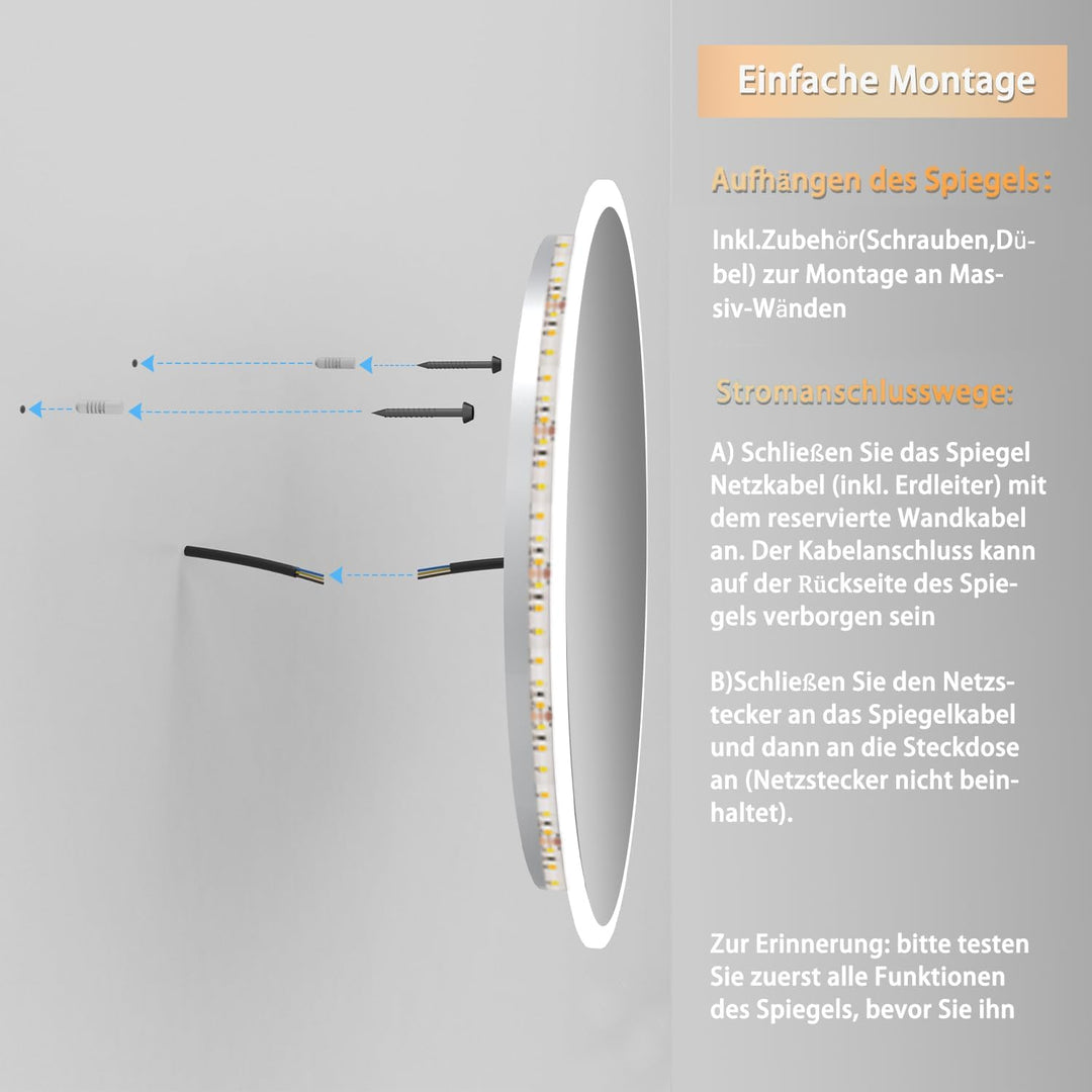 Aica Sanitär Badezimmerspiegel Rund 60cm mit Uhr 3 Lichfarbe dimmbar Memory Wand/Touchschalter Anti-