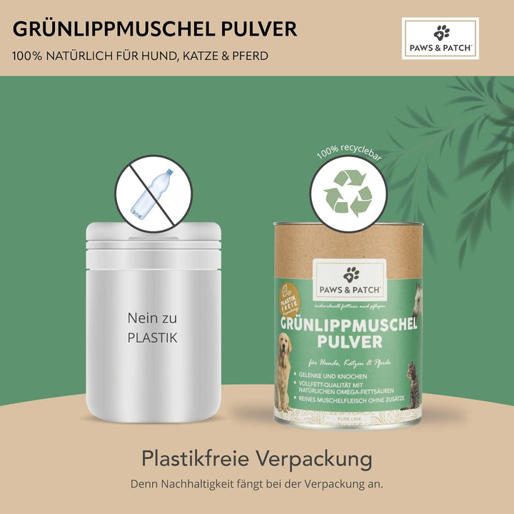 Paws&Patch reines GRÜNLIPPMUSCHEL Pulver für Hunde, Katzen & Pferde 150g plastikfrei I Vollfett-Qual