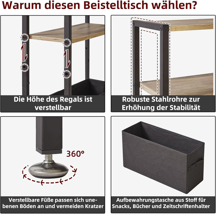 Schmaler Beistelltisch mit Ablagefläche, 3-stufiger Schmaler Sofatisch mit Stoffkorb,dünner Beistell