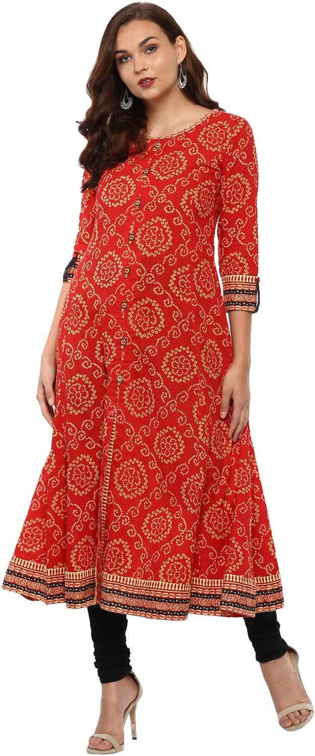 Yash Gallery Indian Tunika Tops Damen Baumwolle Bandhej Print Anarkali Kurta (Rot) L Rot, L Rot