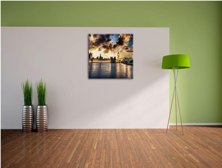 Big Ben am Abend, Format: 70x70 auf Leinwand, XXL riesige Bilder fertig gerahmt mit Keilrahmen, Kuns