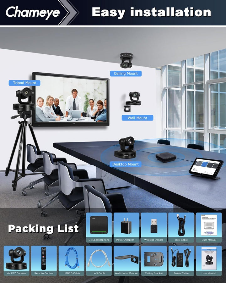 Chameye 4K 10x AI PTZ Konferenzkamera Set mit Bluetooth Konferenzmikrofon, 4K PTZ Kamera mit KI-Auto