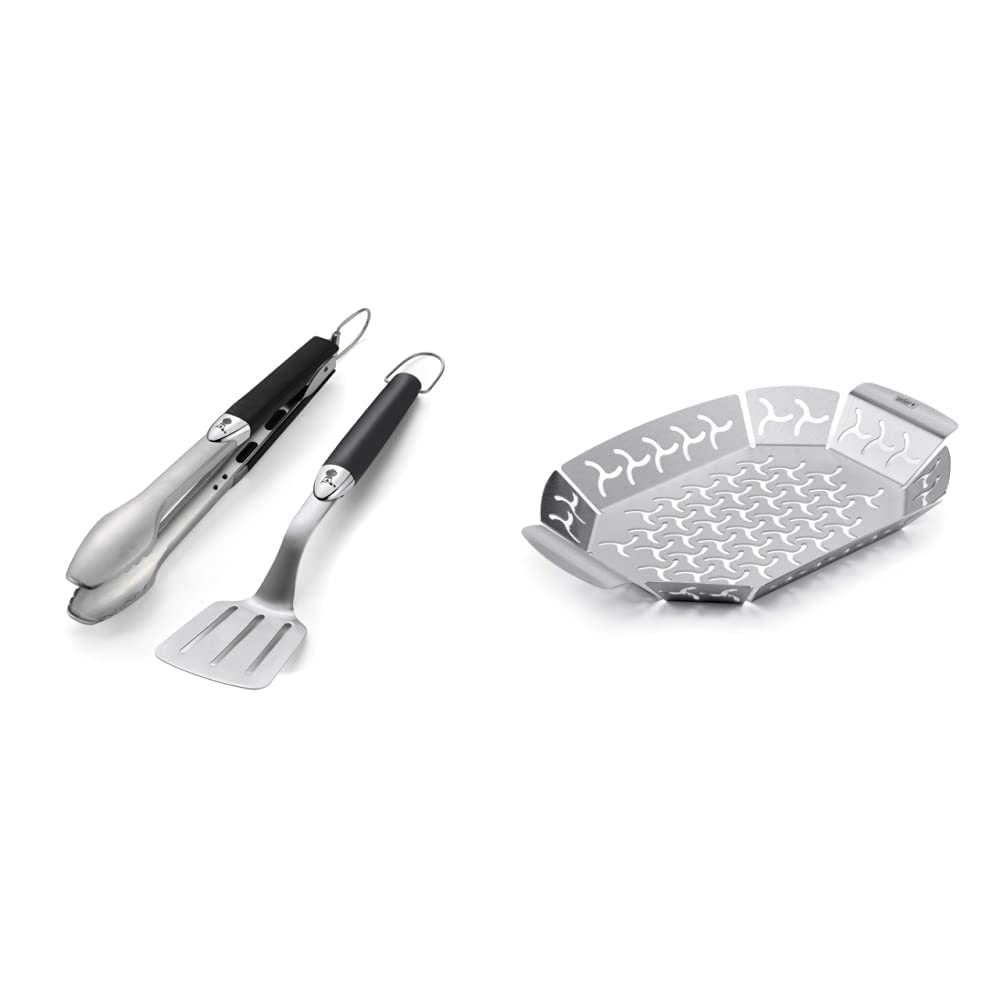 Weber 6645 Grillbesteck Kompakt 2-teilig, Zange und Wender, Edelstahl, schwarz & 6677 Premium Grillk