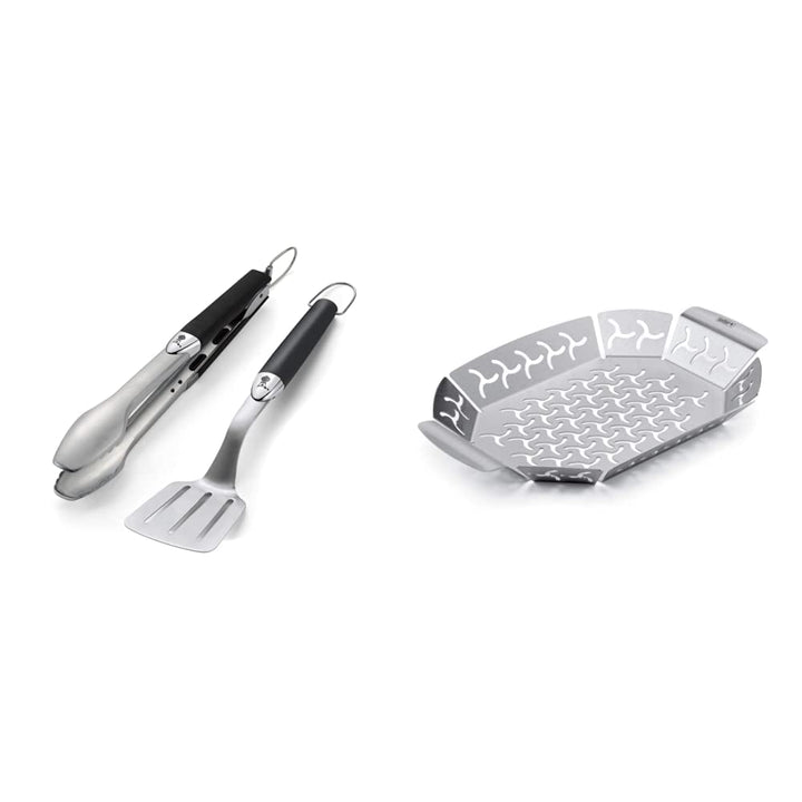 Weber 6645 Grillbesteck Kompakt 2-teilig, Zange und Wender, Edelstahl, schwarz & 6677 Premium Grillk
