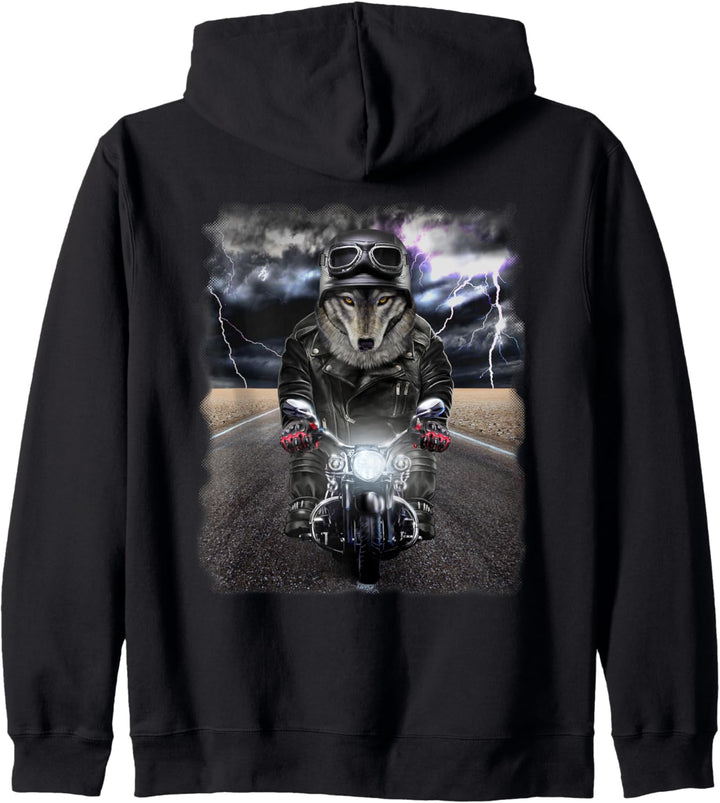 Grauer Wolf, die Motorrad auf Autobahn reitet Kapuzenjacke