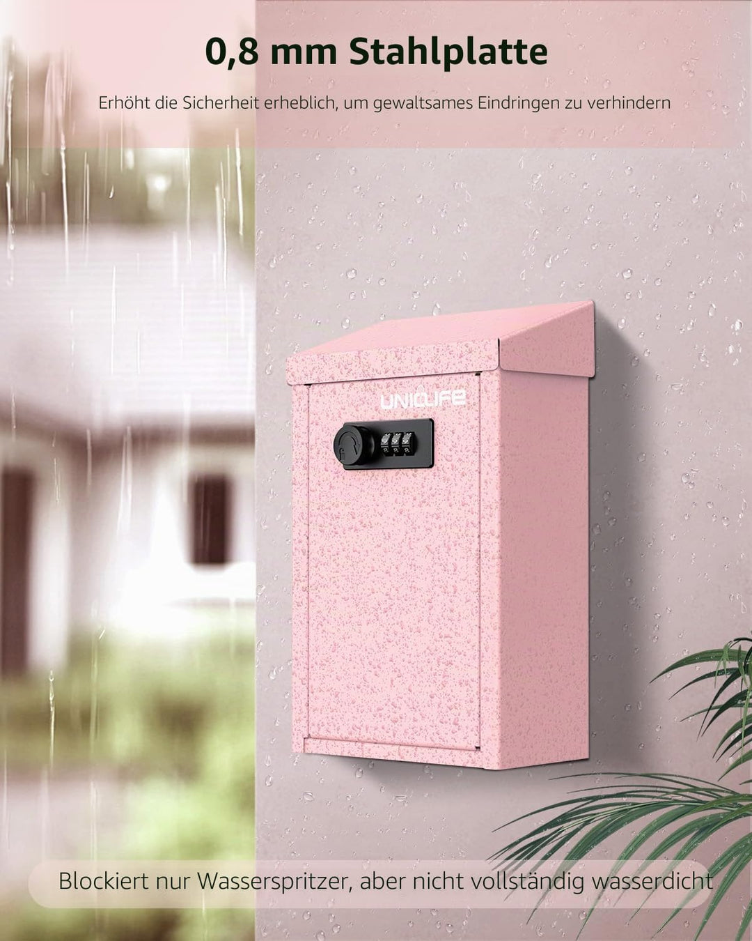 Uniclife Rosa Metall Wandbriefkasten mit Schlitz oben, Schlüssel-Dropbox mit Zahlenschloss für ausse