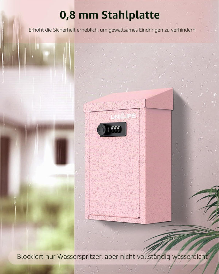 Uniclife Rosa Metall Wandbriefkasten mit Schlitz oben, Schlüssel-Dropbox mit Zahlenschloss für ausse