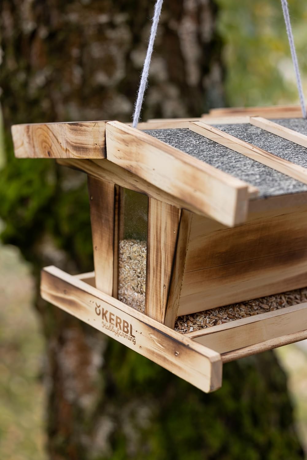 Kerbl Hobbyfarming Vogelfutterhaus, Aus Holz, Mit Glassichtfenster, Wetterfestem Dach, Robuste Korde