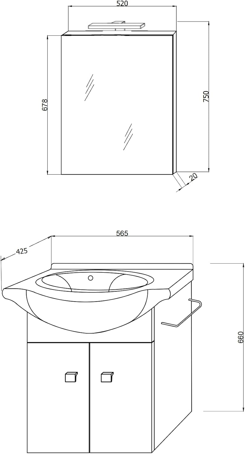 KIAMAMI VALENTINA wandmontierter badezimmerschrank 56,5cm 2a Eiche grau waschbecken Spiegel und meta