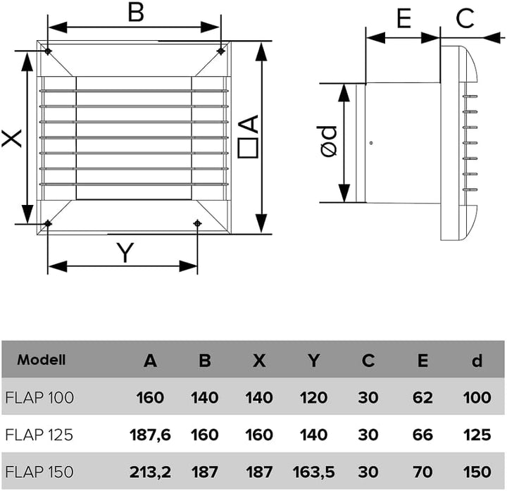 Vlano FLAP 100/125/150 Badlüfter mit automatischen Jalousien, Standard, WC Lüfter, Wandmontage, Weis