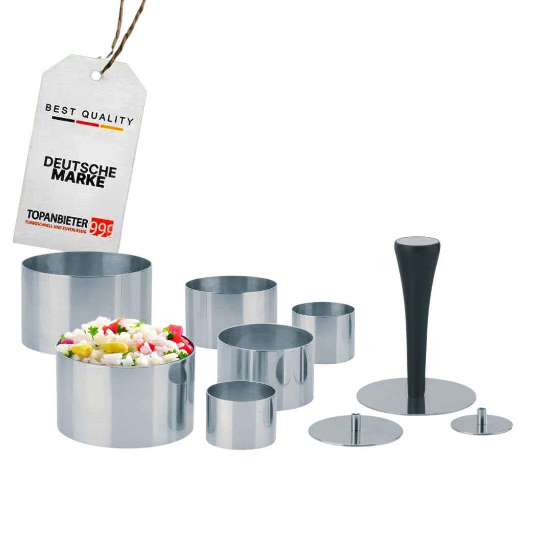 Premium Dessertringe Set Edelstahl 10-teilig, Profi Speisenringe Ø 4/6/8 cm, mit Presse & Griff, Anr