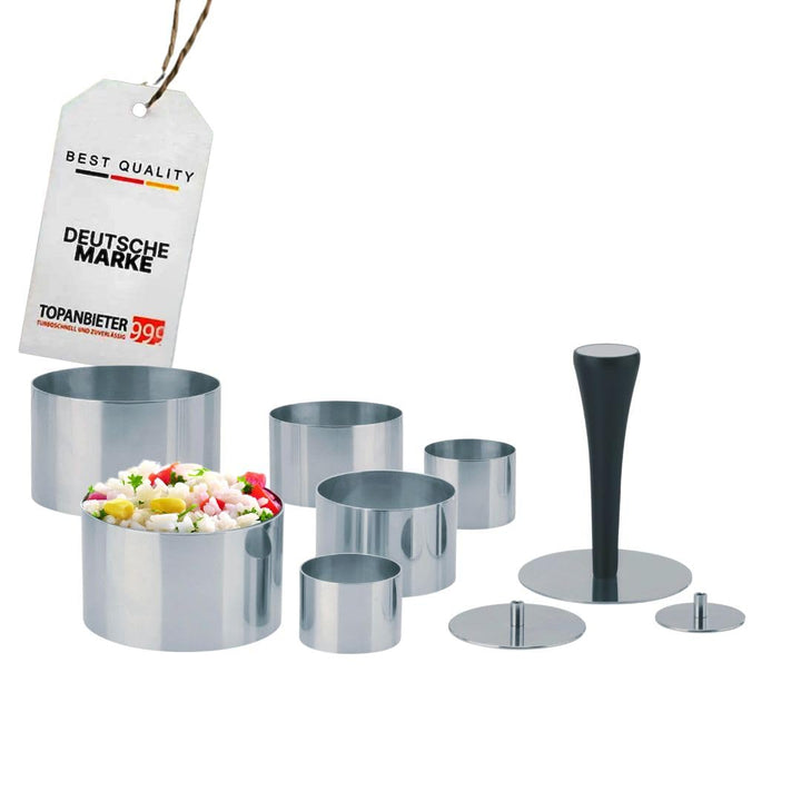 Premium Dessertringe Set Edelstahl 10-teilig, Profi Speisenringe Ø 4/6/8 cm, mit Presse & Griff, Anr