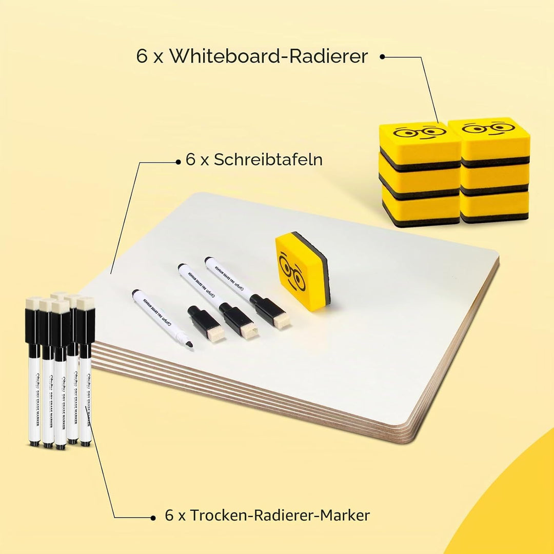 Ohuhu 6 Stück Whiteboard Klein A4, Doppelseitige Mini Whiteboard mit 6 Stiften und 6 Radiergummis, T