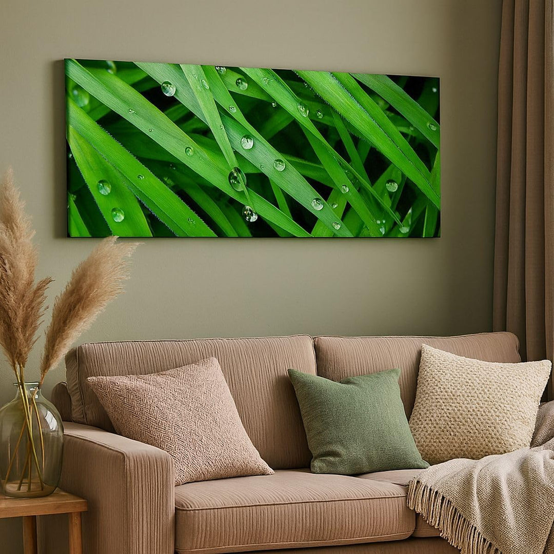 Wandbilder Dekoration Wohnzimmer Natur Gras Wasser Tropfen Panorama Bilder auf Leinwand 120x50cm Lei