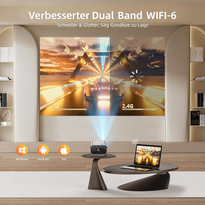 Mini Smart Beamer 4K Heimkino, Unterstützt 1080P, Tragbarer Projektor mit WiFi 6 und Bluetooth 5, El