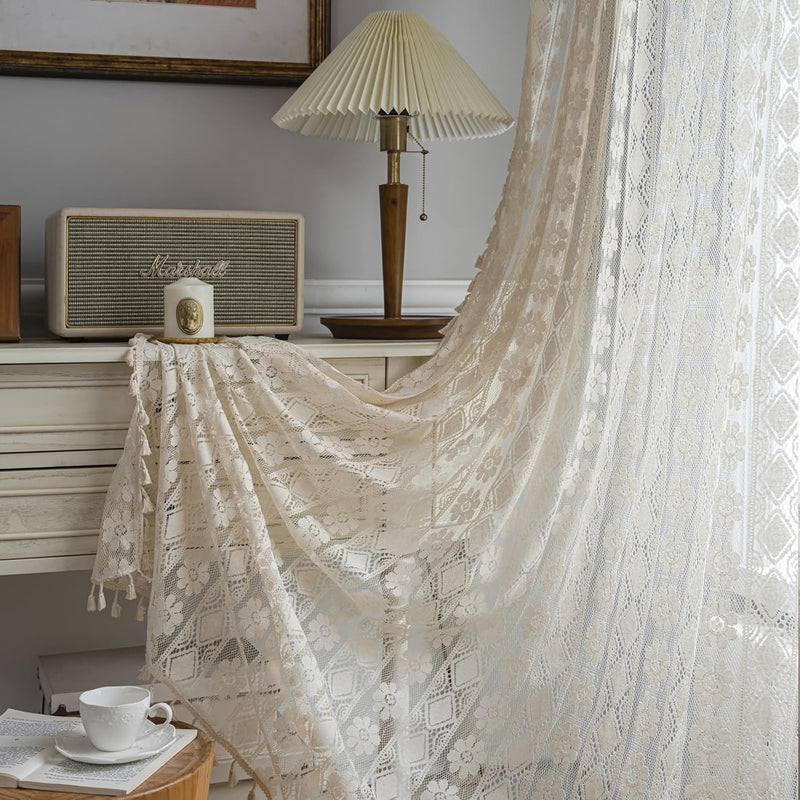 Freyamy 2er Set Gardinen Transparent Blumen Stickerei,Transluzente Vorhang Beige mit Stangendurchzug
