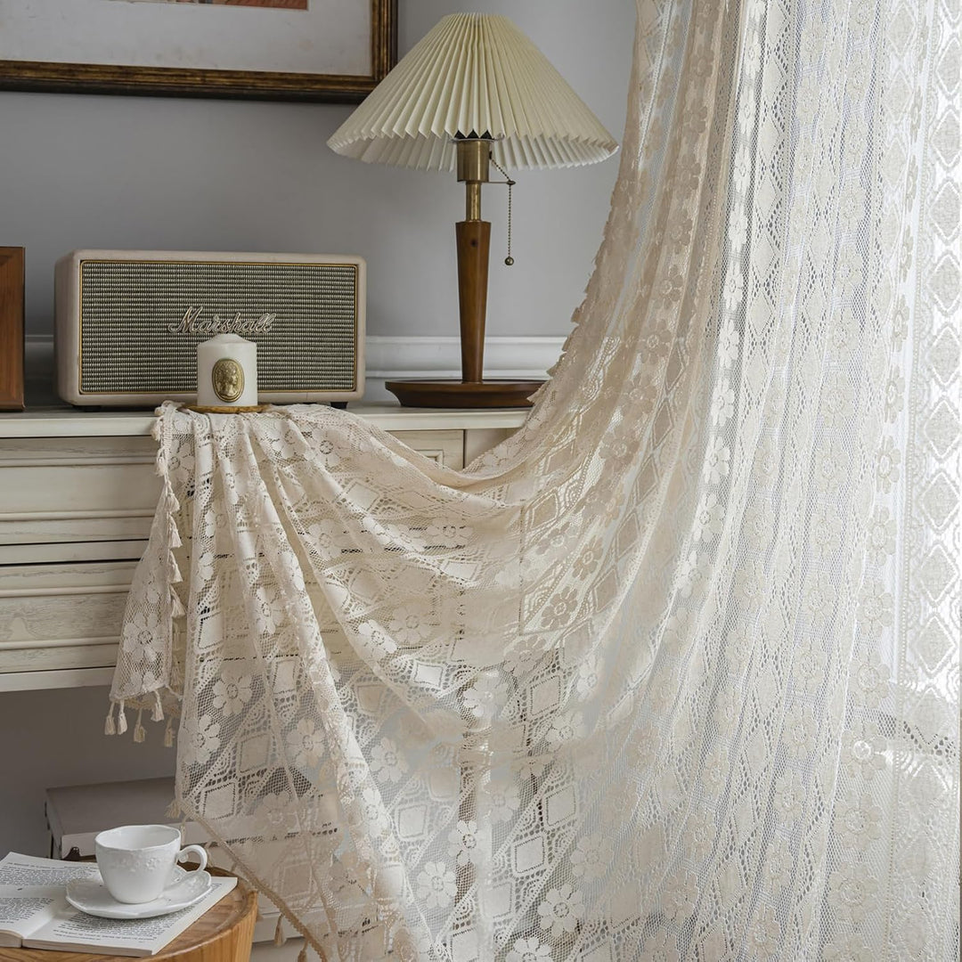 Freyamy 2er Set Gardinen Transparent Blumen Stickerei,Transluzente Vorhang Beige mit Stangendurchzug