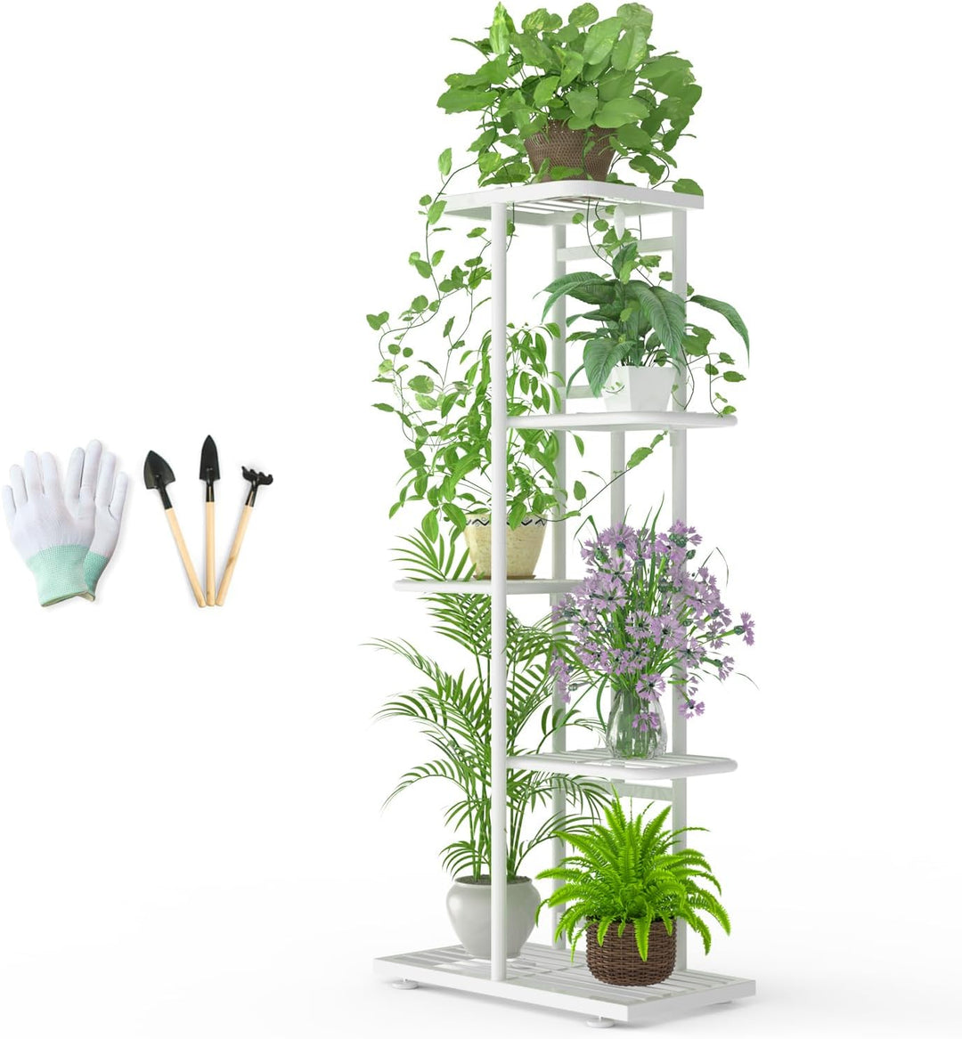 MAIJIAJU 5 Etagen Blumenständer Weiss mit Gartengeräte und Handschuhe, 95cm Hoch Pflanzenständer Met