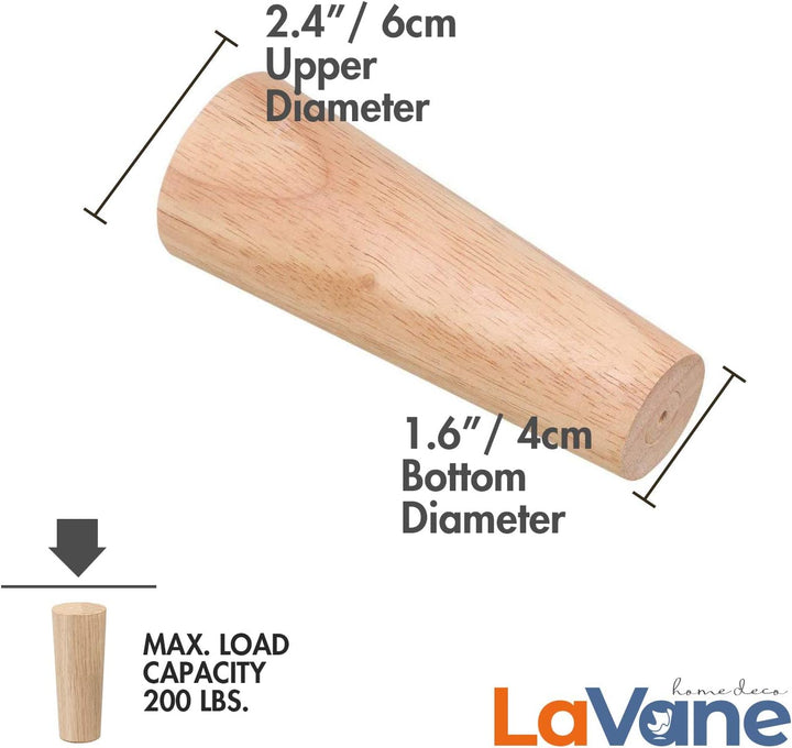La Vane 4 Stück Möbelfüsse aus Massivholz - 12cm Höhe, Matter Klarlack, Gerade/Konisch mit Montagepl