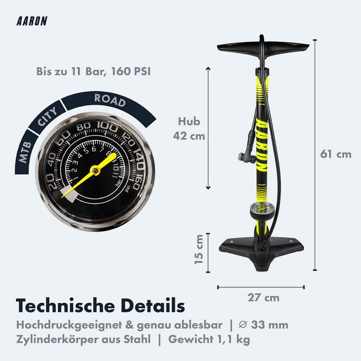 AARON Sport One – Fahrradpumpe für alle Ventile mit Manometer - Standpumpe für Rennrad, E-Bike, Moun