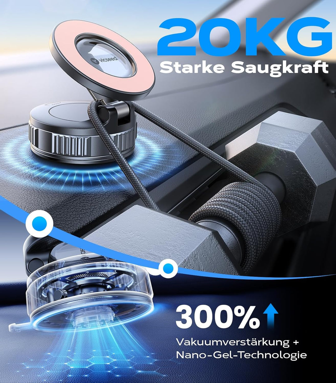VICSEED Handyhalterung Auto Magnet für Magsafe Autohalterung [20XN55 Magnets & 20KG Vakuum Saugnapf]