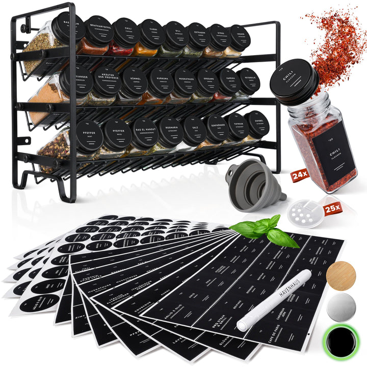 Havenhaus Gewürzregal Set schwarz | Gewürzregal stehend inkl. 24 Gewürzgläser+336 Gewürzetiketten de