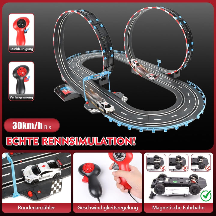 JONRRYIN Autorennbahn Elektrisches Slot Car für Kinder, 1:43 Autobahn Rennstrecke Auto Spielzeug 2 S