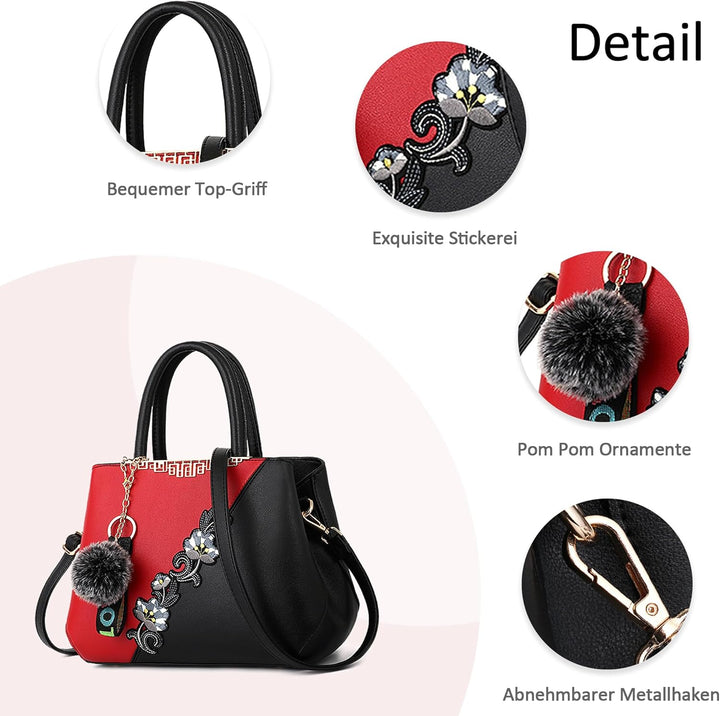 Damen Handtasche Mode Stickdesign Schultertasche Grosse Kapazität Umhängetasche Casual Reise Handtas