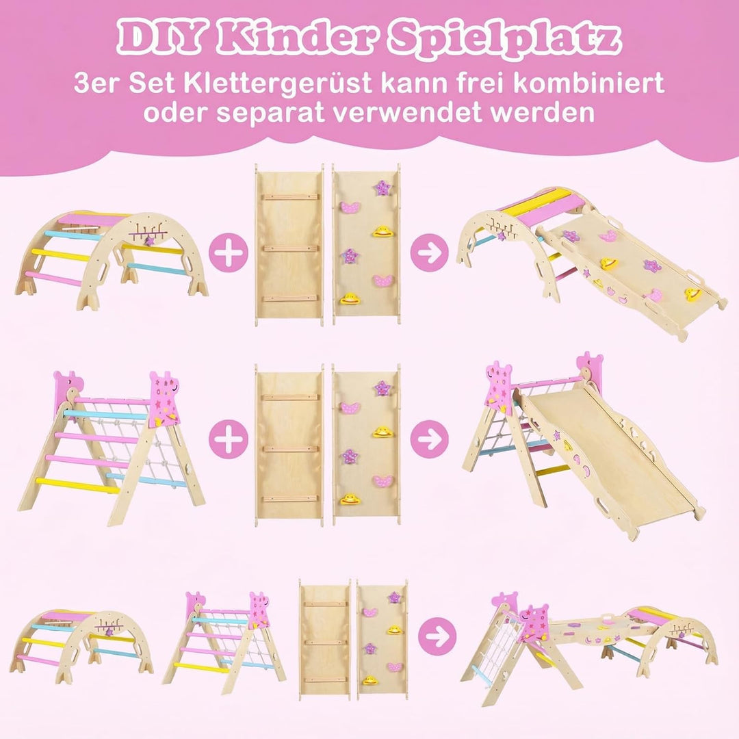 COSTWAY Klettergerüst Indoor 3er Set, klappabres Kletterdreieck mit Rutsche, Kletterbogen, Netz, ink