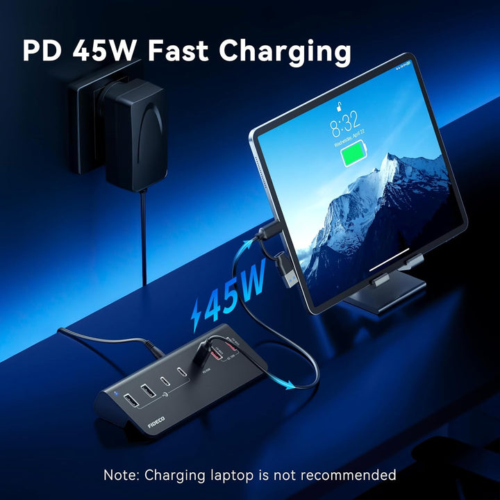 FIDECO 7-Ports 72W USB Hub mit Netzteil, USB Hub Aktiv mit 1 PD 45W, 2 QC 3.0 Charging Port und 4 US