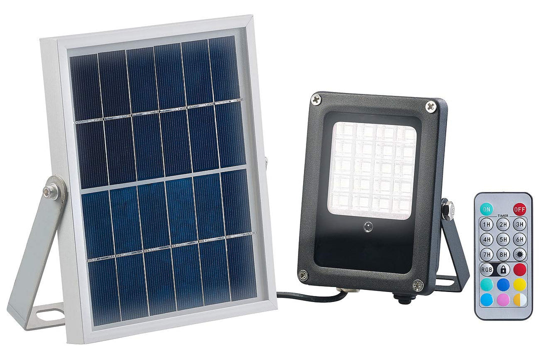 Luminea Solar Strahler RGB: Solar-LED-Fluter für aussen, RGBW, 10 Watt, mit Fernbedienung & Timer (S