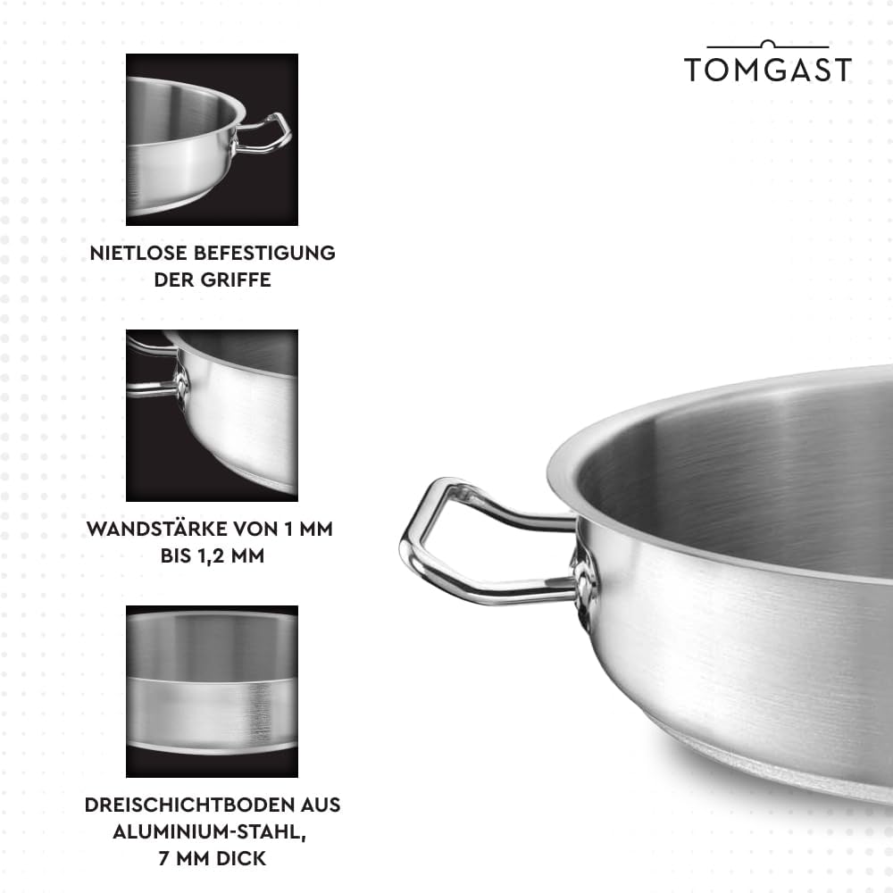 flacher Topf Durchmesser 44 cm PRO | Fassungsvermögen 16 l, Höhe 11 cm | Edelstahl | Gefütterter Bod