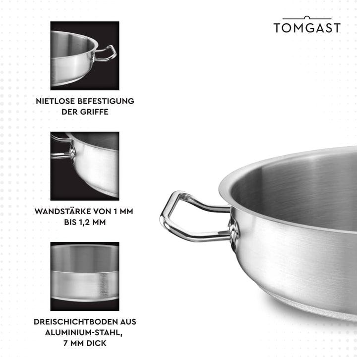 flacher Topf Durchmesser 44 cm PRO | Fassungsvermögen 16 l, Höhe 11 cm | Edelstahl | Gefütterter Bod