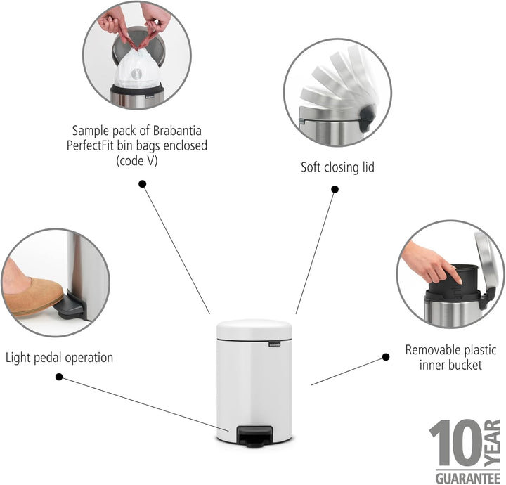 Brabantia 112126 Treteimer mit Inneneimer aus Kunststoff, stahl, Weiss, 3 Liter, Weiss 3 Liter White