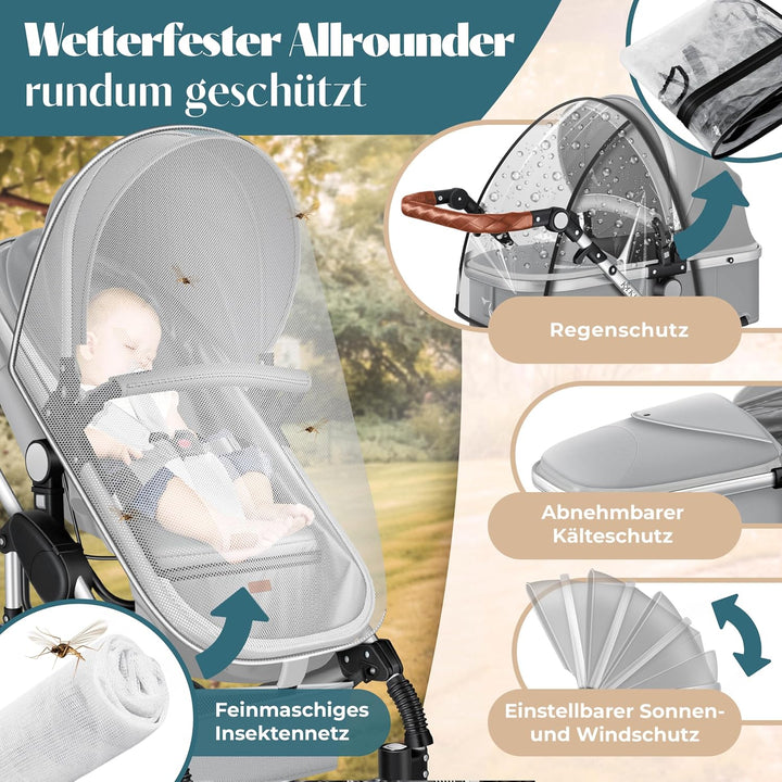 KESSER® Loops 3 in 1 Kinderwagen Kombikinderwagen Komplett-Set inkl. Babywanne & Buggy Sportsitz & A