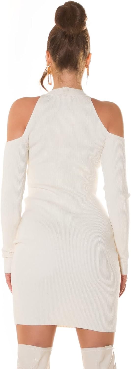 Koucla Uni Cold Shoulder Rippstrick Langarm Minikleid Einheitsgrösse Beige, Einheitsgrösse Beige