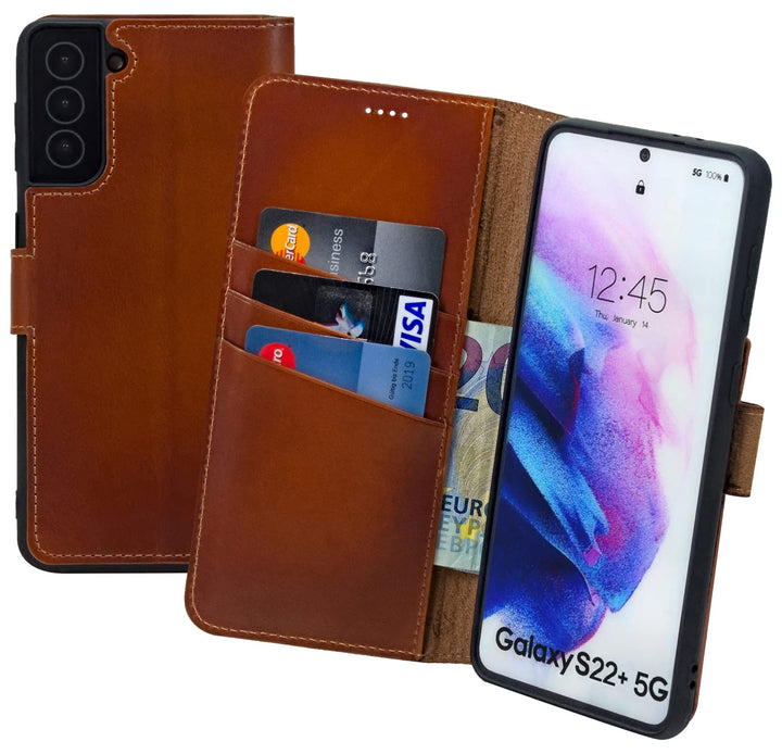 Suncase Book-Style Hülle kompatibel mit Samsung Galaxy S22 Plus 5G Leder Tasche (Slim-Fit) Lederhüll