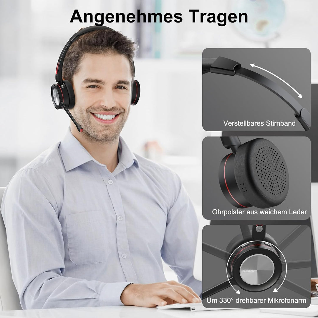 Bluetooth Headset mit Mikrofon für PC, Wireless Headset mit USB Adapter & Ladestation, 40 Stunden Sp